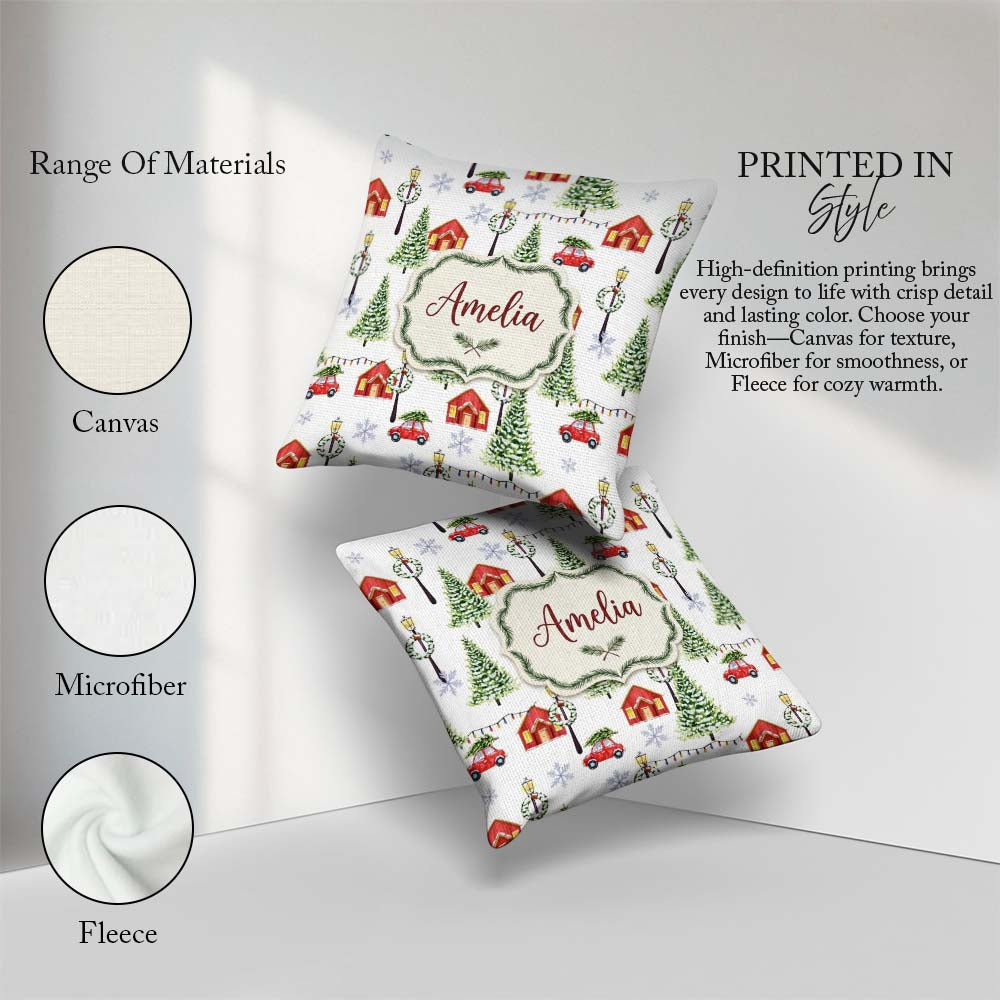 Custom Name Watercolor Christmas Village with Red Cars and Snowy Square Filled Cushion Throw Pillow Sofa Bed Home Decor Zip Washable UK Made