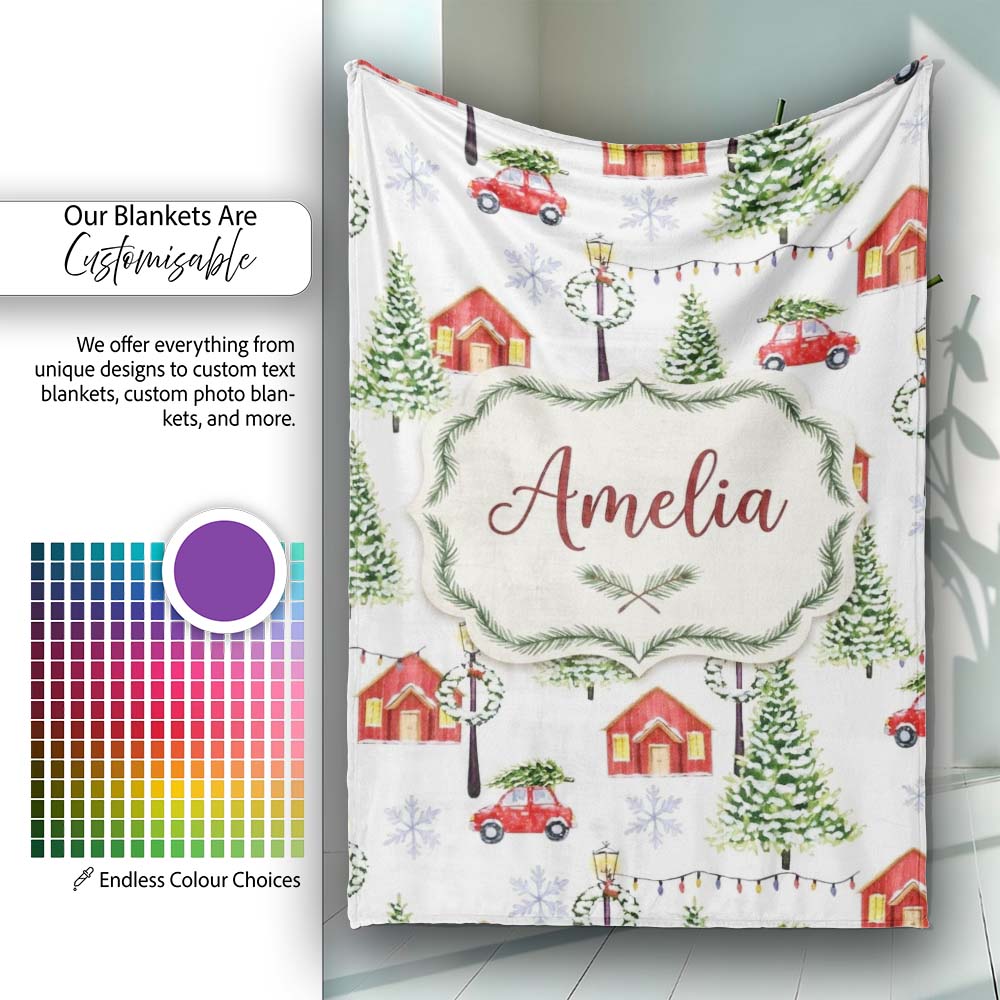 Watercolor Christmas Village with Red Houses Cars and Snowy Trees Personalised Custom Name Super Soft Fleece Blanket Bed Sofa Throw