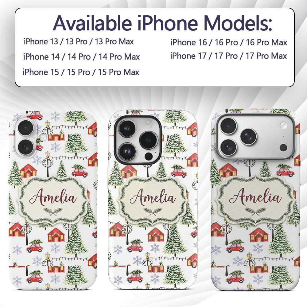 Watercolor Christmas Village with Red Houses Cars Custom Name Protective Phone Case Mobile Cover Durable Everyday Smartphone Shock Resistant