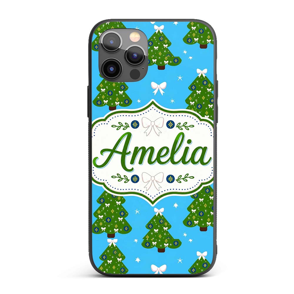 Festive Christmas Trees with White Bows and Stars Custom Name Protective Phone Case Mobile Cover Durable Everyday Smartphone Shock Resistant