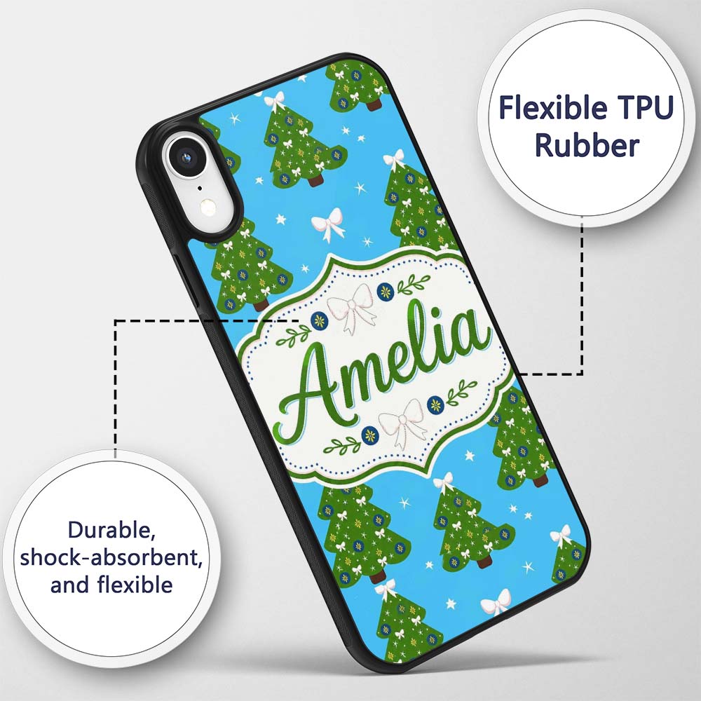Festive Christmas Trees with White Bows and Stars Custom Name Protective Phone Case Mobile Cover Durable Everyday Smartphone Shock Resistant
