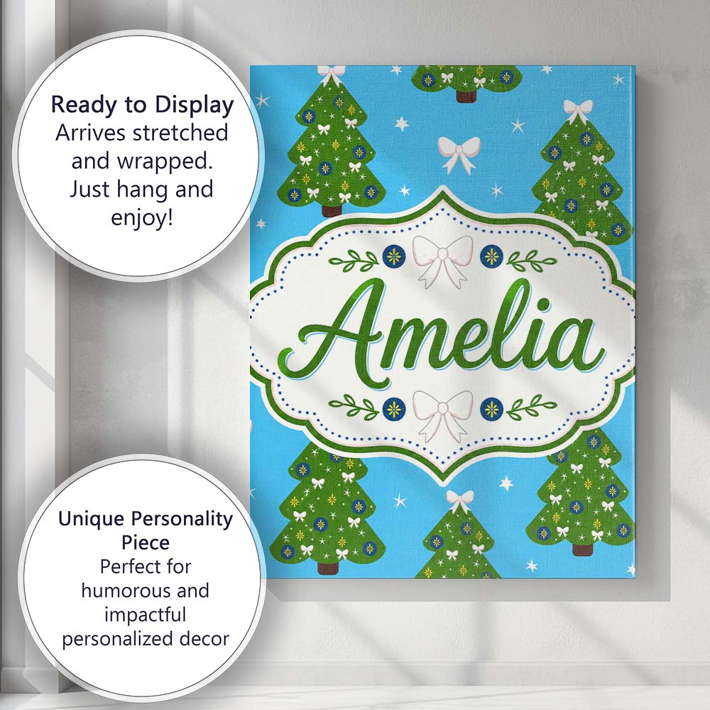 Personalised Name Festive Christmas Trees Custom Unique Gift Idea Elegant Feature Canvas Wall Art Print Decor Picture Ready to Hang