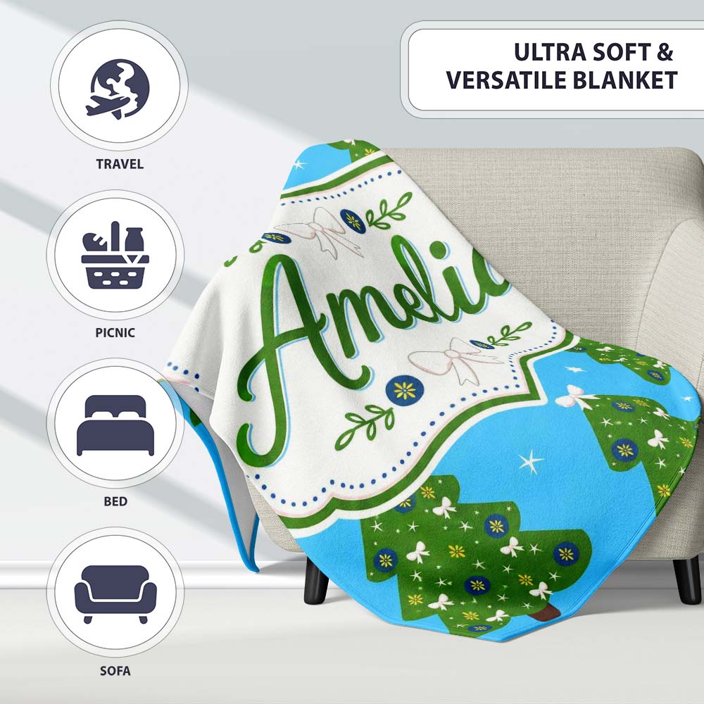 Festive Christmas Trees with White Bows and Stars on Blue Background Personalised Custom Name Super Soft Fleece Blanket Bed Sofa Throw
