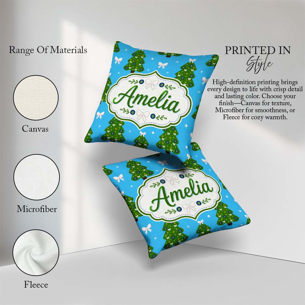 Custom Name Festive Christmas Trees with White Bows and Stars on Square Filled Cushion Throw Pillow Sofa Bed Home Decor Zip Washable UK Made