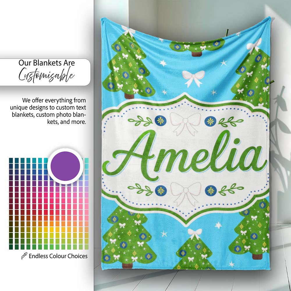 Festive Christmas Trees with White Bows and Stars on Blue Background Personalised Custom Name Super Soft Fleece Blanket Bed Sofa Throw