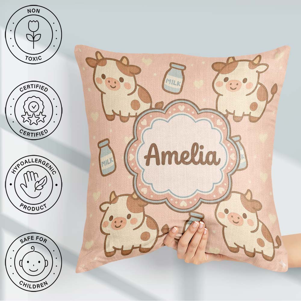 Custom Name Cute Cow Milk Cartoon Farm Animal Pattern Decor Square Filled Cushion Throw Pillow Sofa Bed Home Decor Zip Washable UK Made