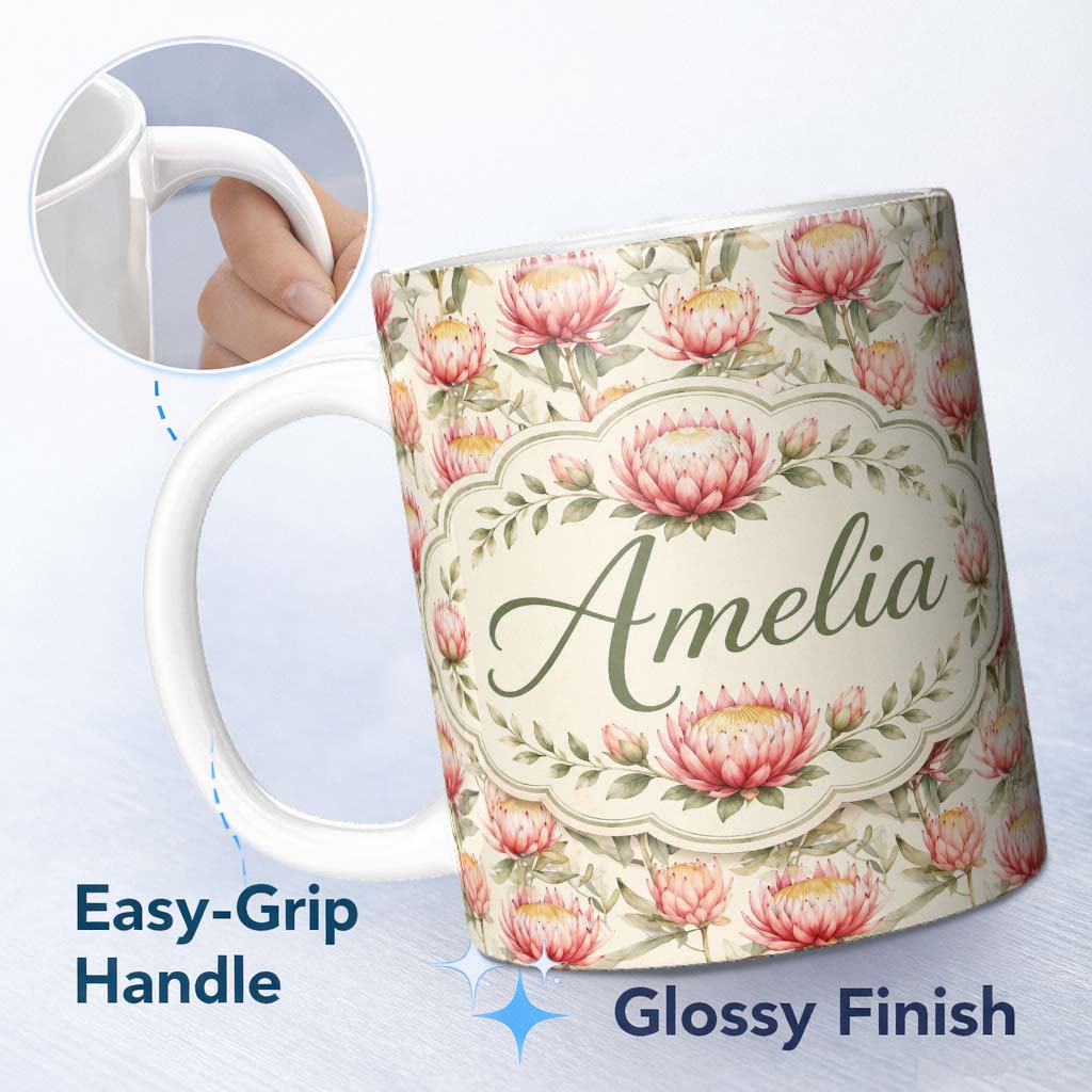 Personalized Custom Name Light Pink Protea Flowers Botanical Seamless Pattern Lovely 11oz Ceramic Coffee Tea Mug White Large Handle