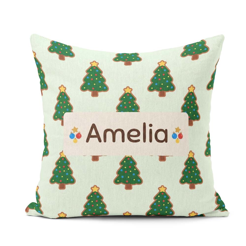 Custom Name Cartoon Christmas Trees with Colorful Lights Minimal Square Filled Cushion Throw Pillow Sofa Bed Home Decor Zip Washable UK Made