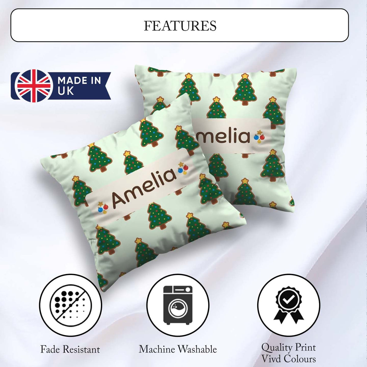 Custom Name Cartoon Christmas Trees with Colorful Lights Minimal Square Filled Cushion Throw Pillow Sofa Bed Home Decor Zip Washable UK Made