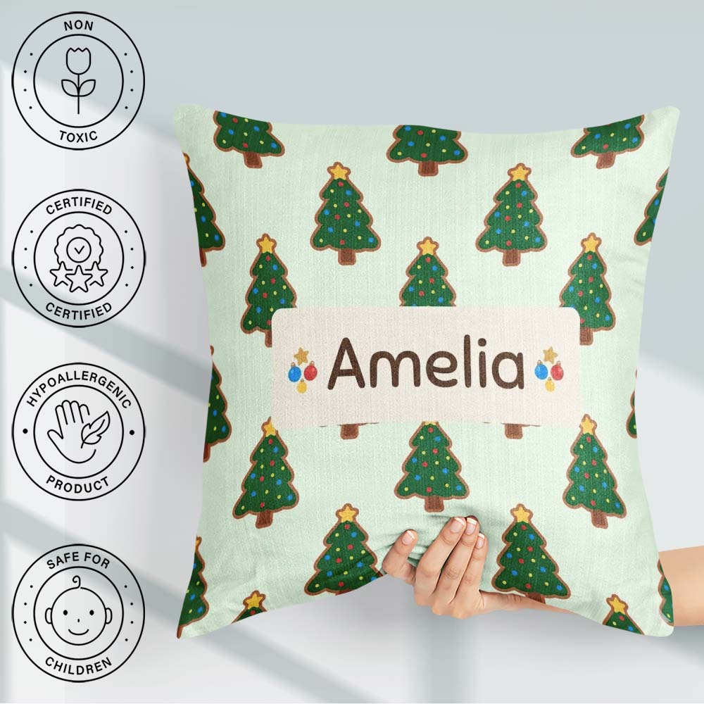 Custom Name Cartoon Christmas Trees with Colorful Lights Minimal Square Filled Cushion Throw Pillow Sofa Bed Home Decor Zip Washable UK Made