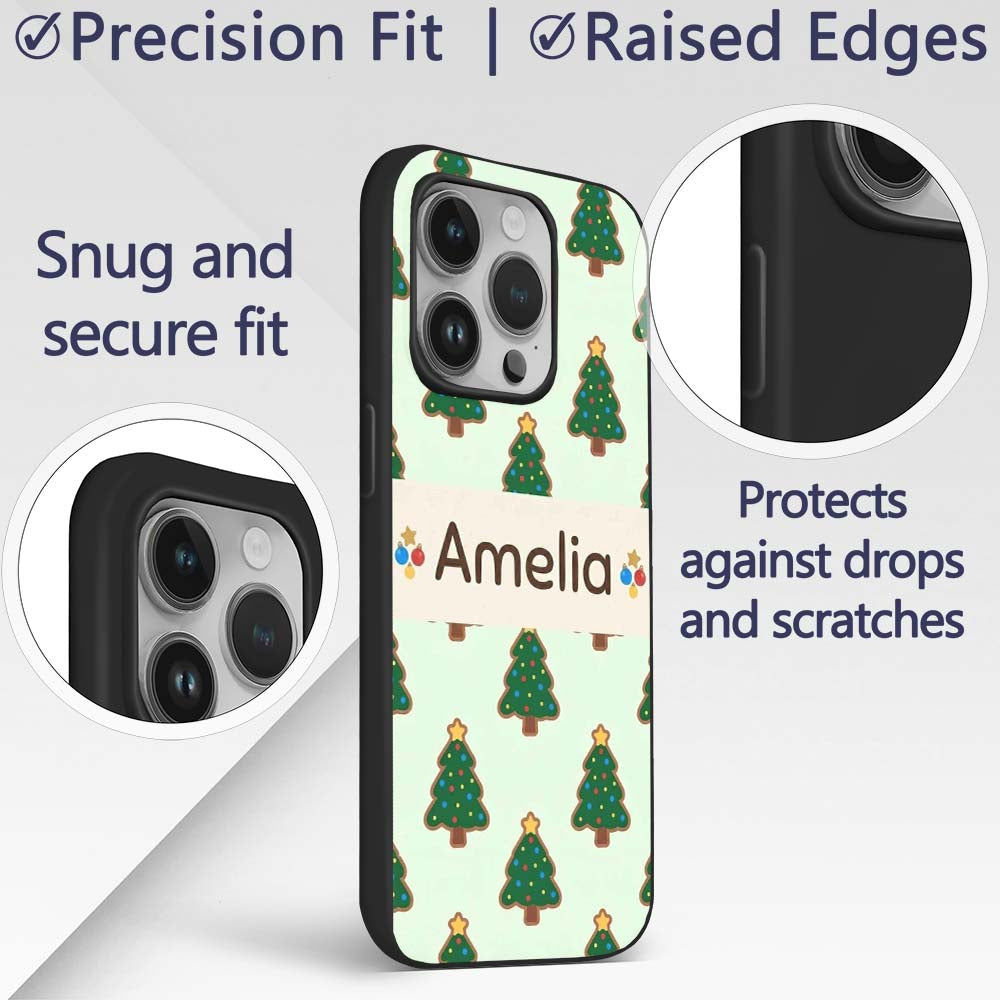Cute Cartoon Christmas Trees with Colorful Lights Custom Name Protective Phone Case Mobile Cover Durable Everyday Smartphone Shock Resistant