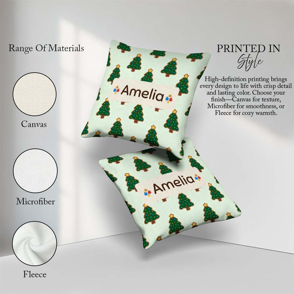 Custom Name Cartoon Christmas Trees with Colorful Lights Minimal Square Filled Cushion Throw Pillow Sofa Bed Home Decor Zip Washable UK Made