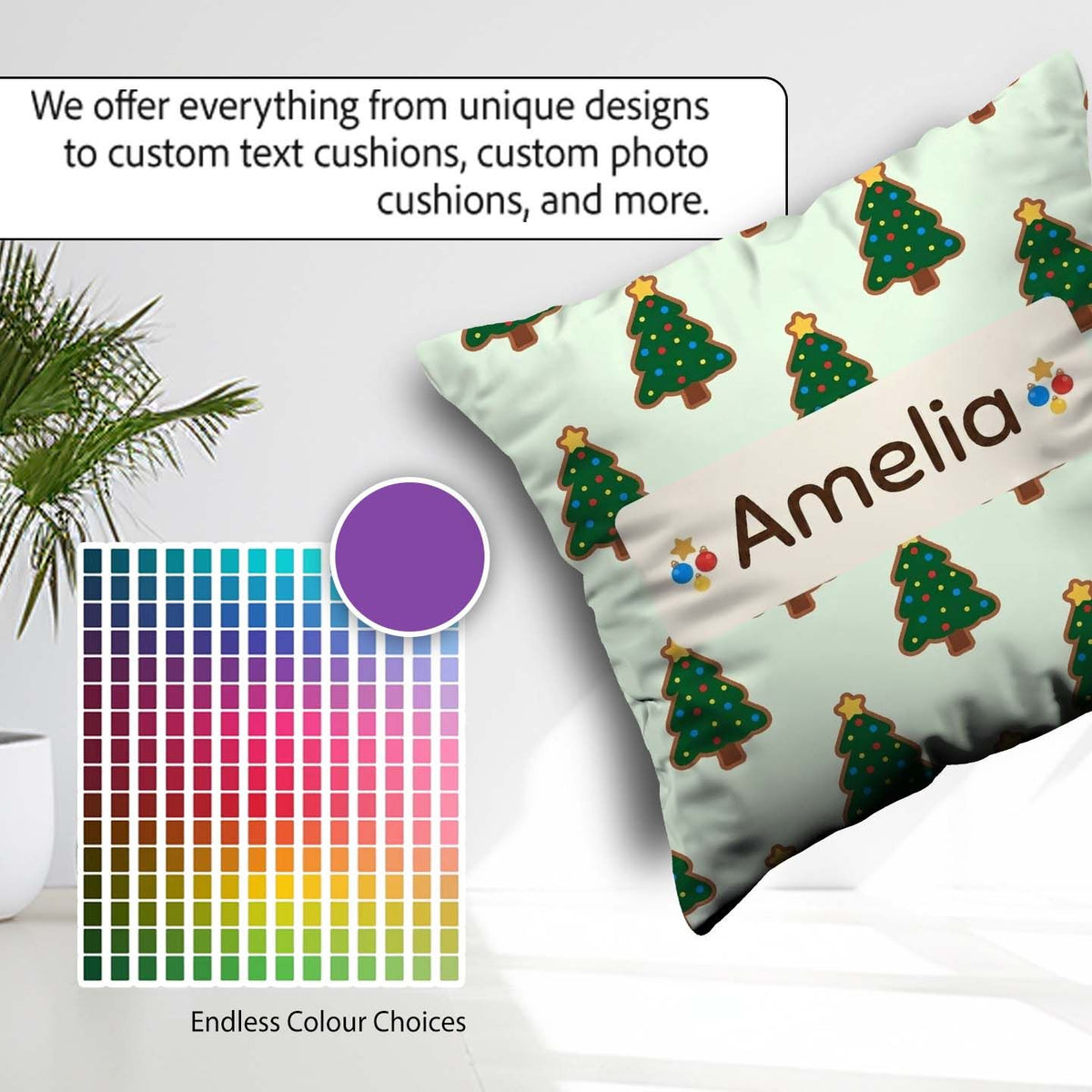 Custom Name Cartoon Christmas Trees with Colorful Lights Minimal Square Filled Cushion Throw Pillow Sofa Bed Home Decor Zip Washable UK Made