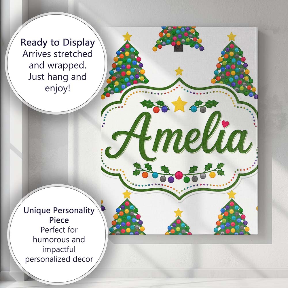 Personalised Name Bright Christmas Trees Custom Unique Gift Idea Elegant Feature Canvas Wall Art Print Decor Picture Ready to Hang