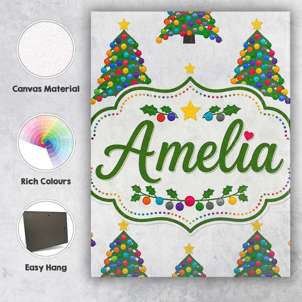 Personalised Name Bright Christmas Trees Custom Unique Gift Idea Elegant Feature Canvas Wall Art Print Decor Picture Ready to Hang