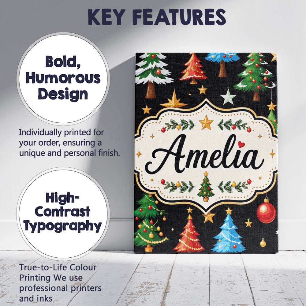 Personalised Name Christmas Trees with Custom Modern Room Accent Elegant Feature Canvas Wall Art Print Decor Picture Ready to Hang