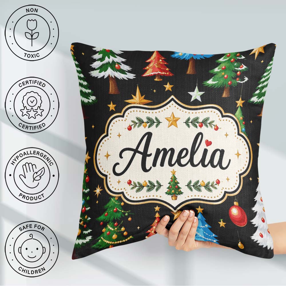 Custom Name Christmas Trees Ornaments Stars and Baubles on Black Square Filled Cushion Throw Pillow Sofa Bed Home Decor Zip Washable UK Made