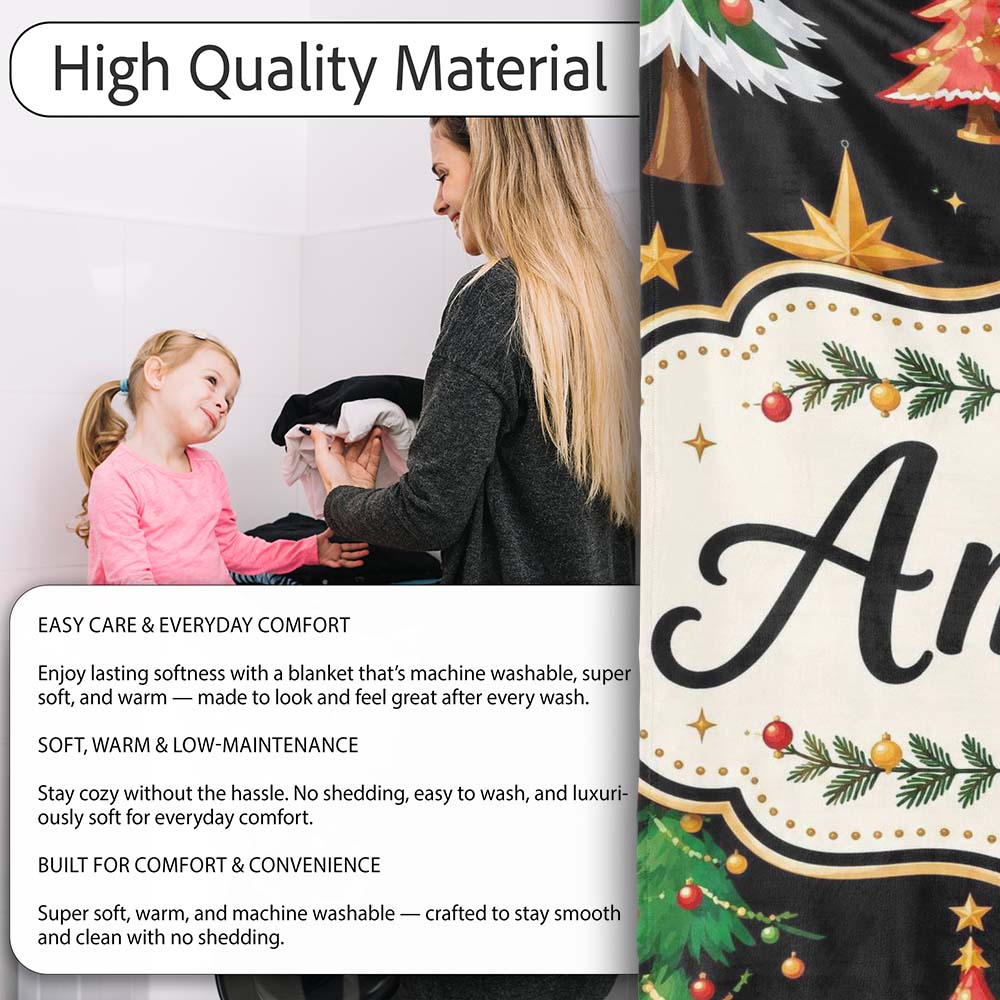 Christmas Trees with Ornaments Stars and Baubles on Black Seamless Personalised Custom Name Super Soft Fleece Blanket Bed Sofa Throw
