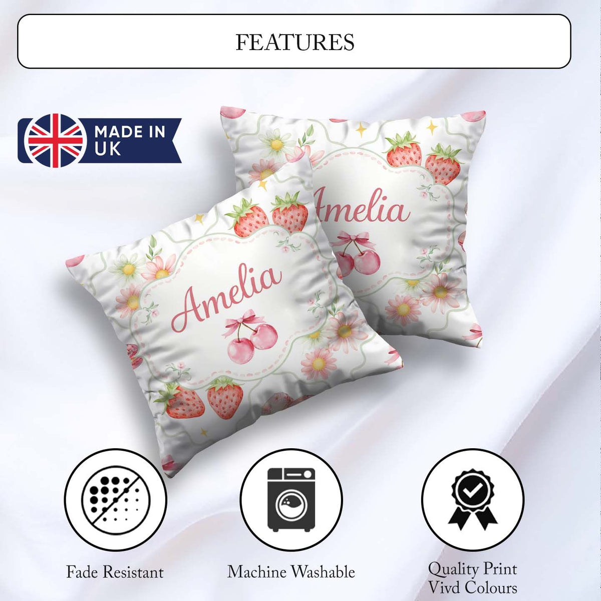 Custom Name Strawberry Cherry Daisy White Green Outline Coquette Square Filled Cushion Throw Pillow Sofa Bed Home Decor Zip Washable UK Made