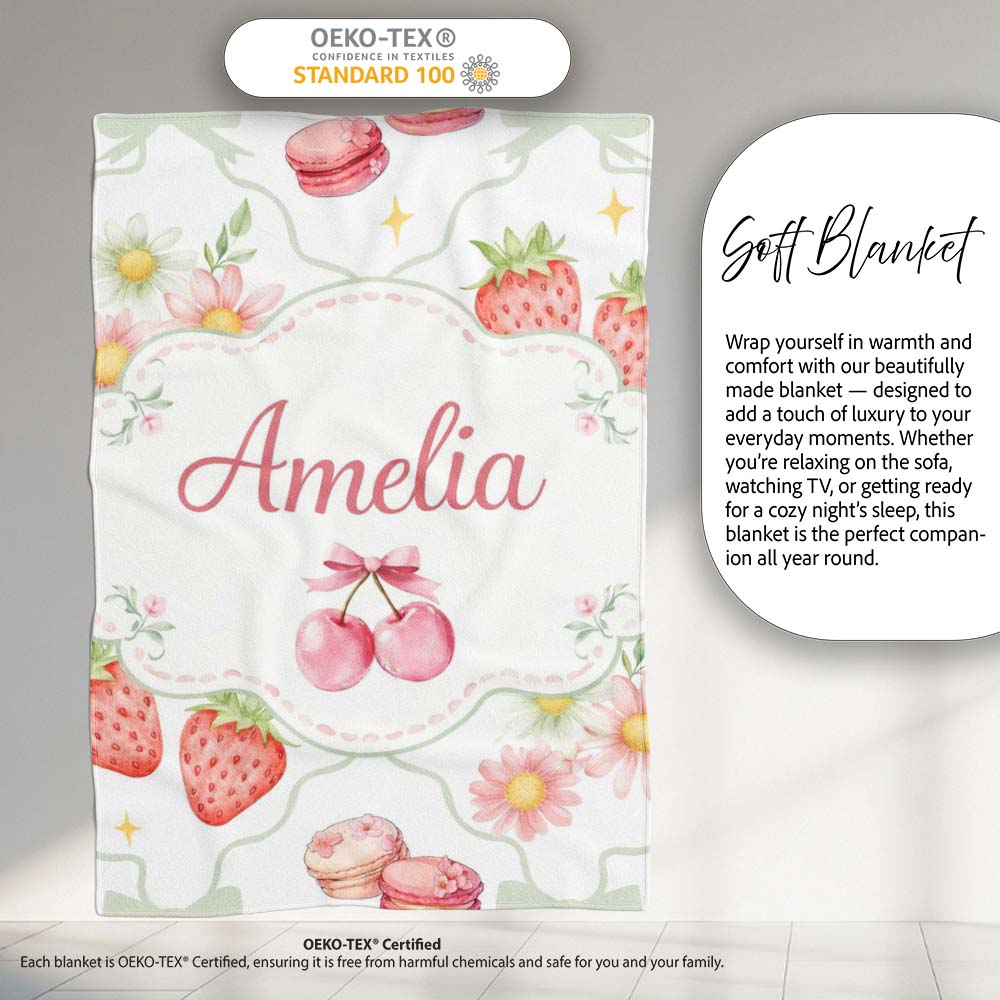 Strawberry Cherry Daisy White Green Outline Cute Coquette Floral Personalised Custom Name Super Soft Fleece Blanket Bed Sofa Throw