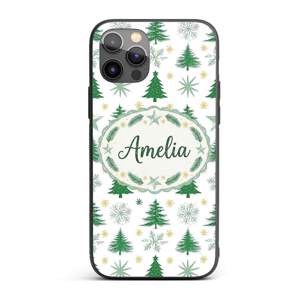 Minimal Green Christmas Trees with Snowflakes and Custom Name Protective Phone Case Mobile Cover Durable Everyday Smartphone Shock Resistant