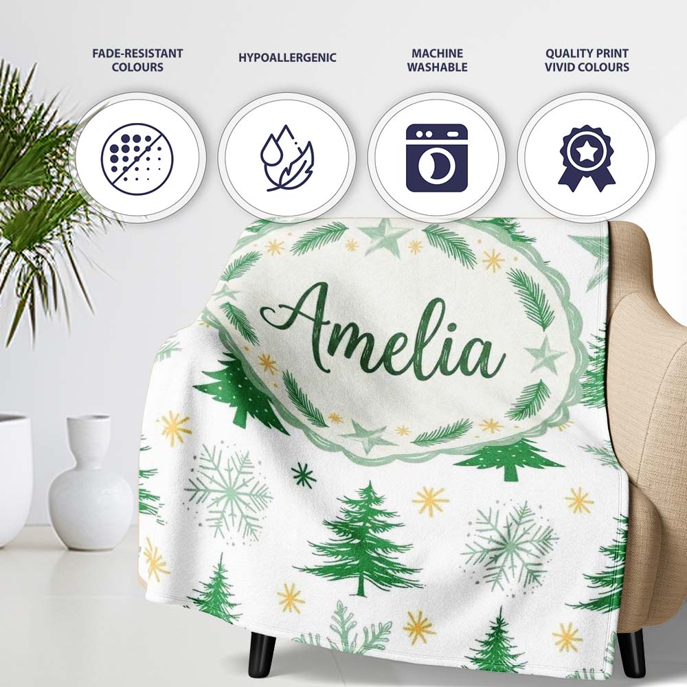 Minimal Green Christmas Trees with Snowflakes and Stars Seamless Personalised Custom Name Super Soft Fleece Blanket Bed Sofa Throw