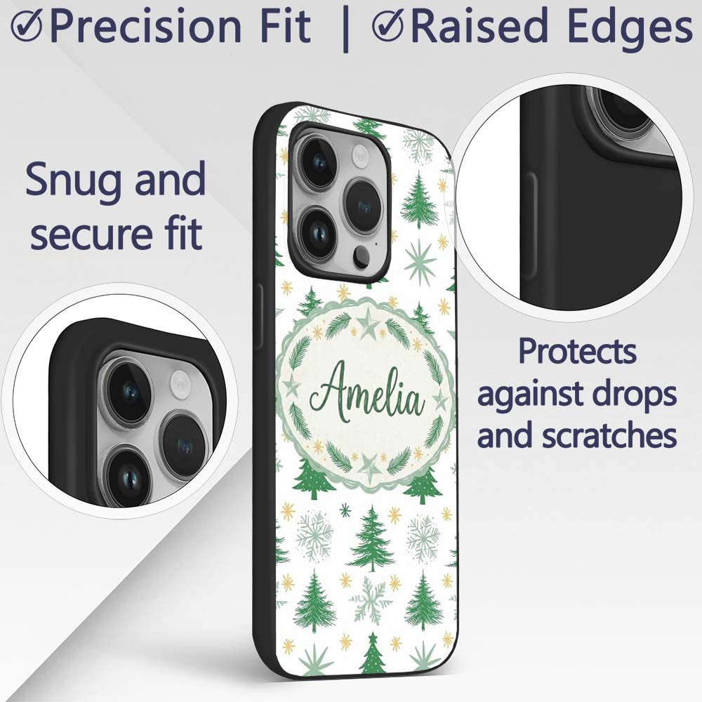 Minimal Green Christmas Trees with Snowflakes and Custom Name Protective Phone Case Mobile Cover Durable Everyday Smartphone Shock Resistant