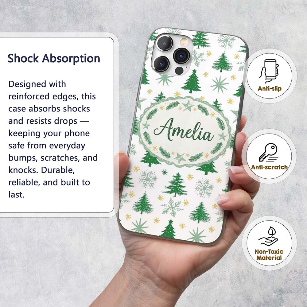 Minimal Green Christmas Trees with Snowflakes and Custom Name Protective Phone Case Mobile Cover Durable Everyday Smartphone Shock Resistant