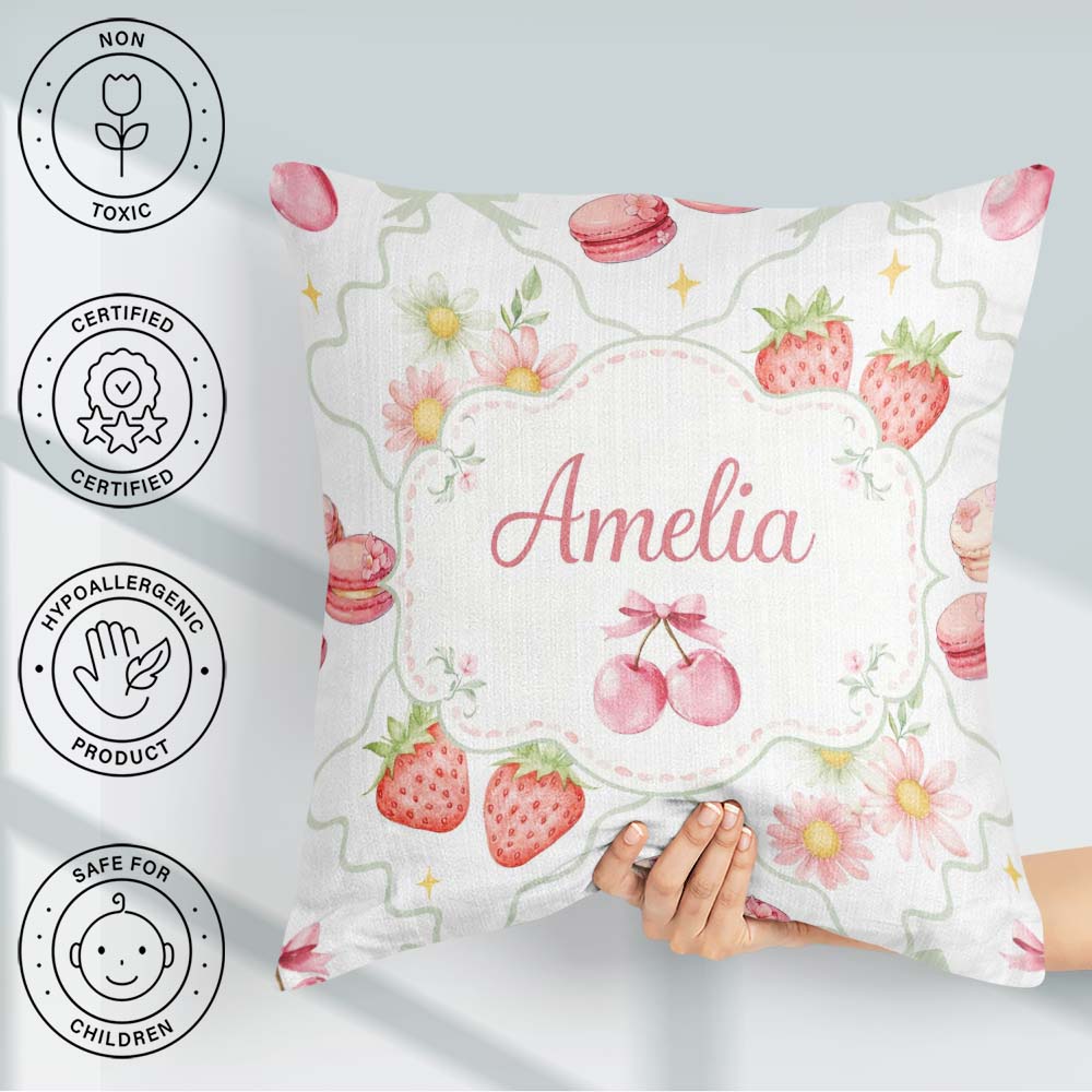 Custom Name Strawberry Cherry Daisy White Green Outline Coquette Square Filled Cushion Throw Pillow Sofa Bed Home Decor Zip Washable UK Made