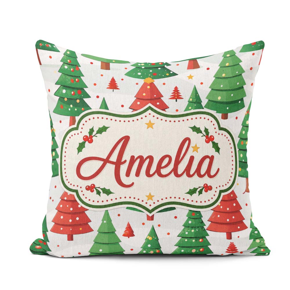 Custom Name Christmas Trees in Red and Green with Snow Seamless Square Filled Cushion Throw Pillow Sofa Bed Home Decor Zip Washable UK Made