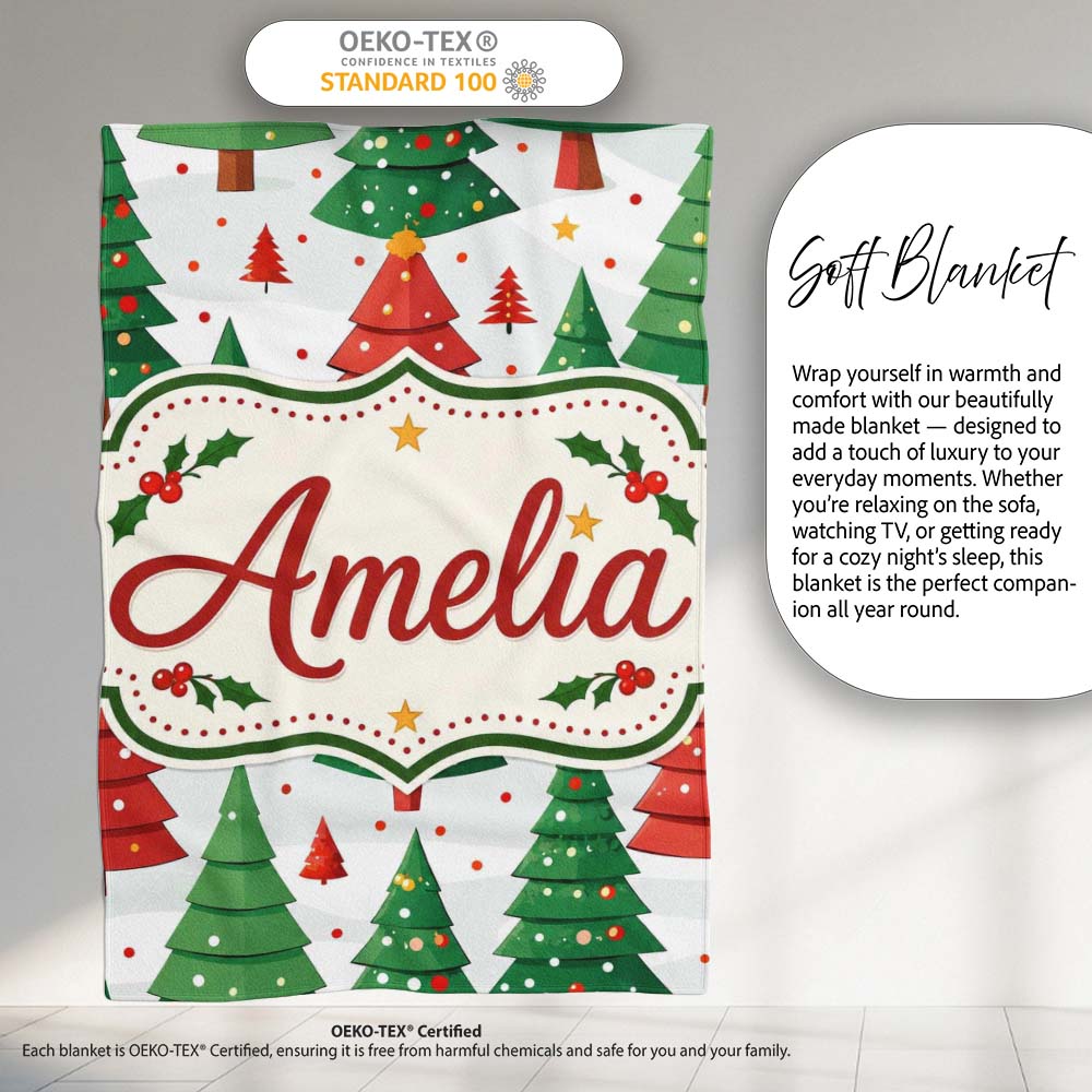 Cute Christmas Trees in Red and Green with Falling Snow Seamless Personalised Custom Name Super Soft Fleece Blanket Bed Sofa Throw