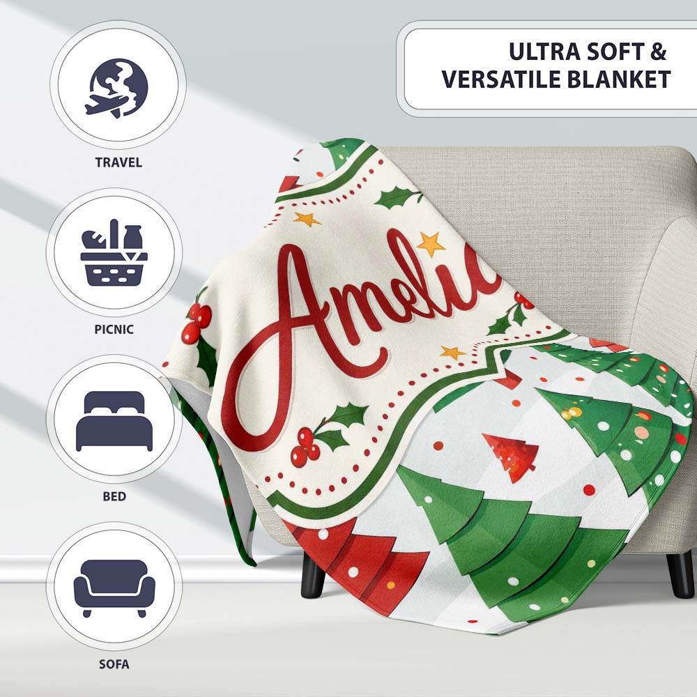 Cute Christmas Trees in Red and Green with Falling Snow Seamless Personalised Custom Name Super Soft Fleece Blanket Bed Sofa Throw