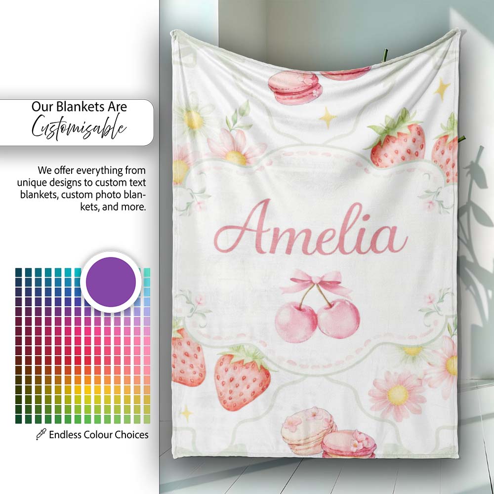 Strawberry Cherry Daisy White Green Outline Cute Coquette Floral Personalised Custom Name Super Soft Fleece Blanket Bed Sofa Throw