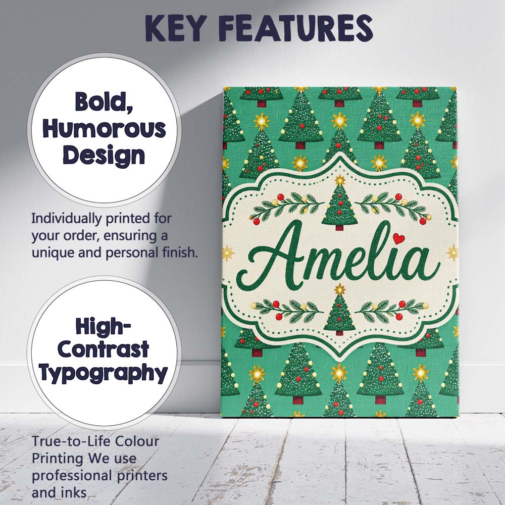 Personalised Name Festive Christmas Trees Custom Unique Gift Idea Elegant Feature Canvas Wall Art Print Decor Picture Ready to Hang