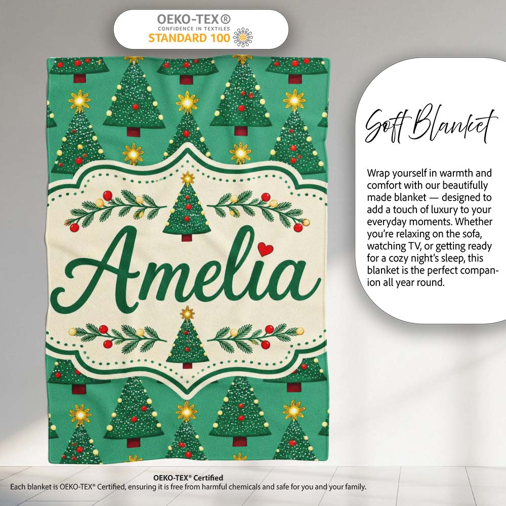 Festive Christmas Trees with Golden Star Toppers and Snow Dots Personalised Custom Name Super Soft Fleece Blanket Bed Sofa Throw