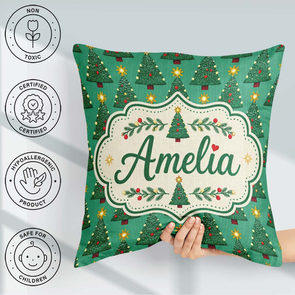 Custom Name Festive Trees with Golden Star Toppers and Snow Dots Square Filled Cushion Throw Pillow Sofa Bed Home Decor Zip Washable UK Made