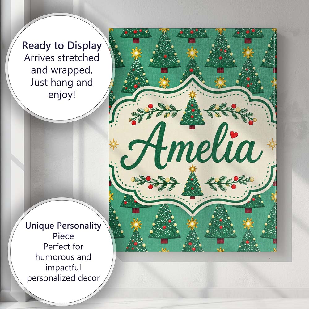 Personalised Name Festive Christmas Trees Custom Unique Gift Idea Elegant Feature Canvas Wall Art Print Decor Picture Ready to Hang