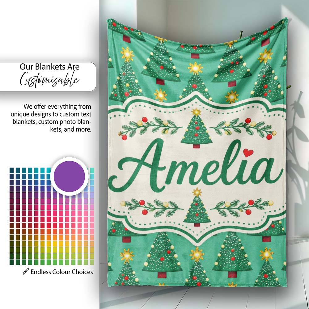 Festive Christmas Trees with Golden Star Toppers and Snow Dots Personalised Custom Name Super Soft Fleece Blanket Bed Sofa Throw