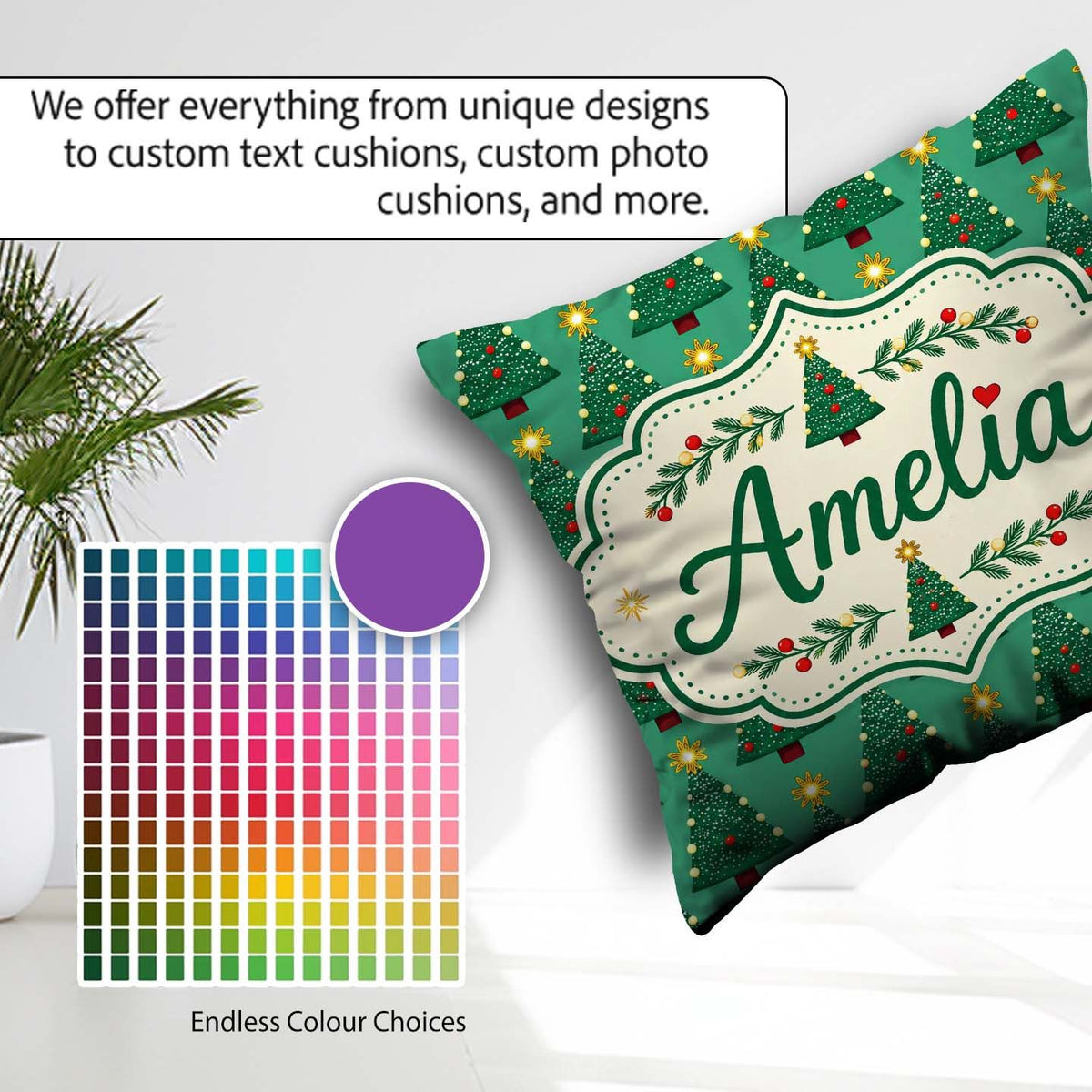 Custom Name Festive Trees with Golden Star Toppers and Snow Dots Square Filled Cushion Throw Pillow Sofa Bed Home Decor Zip Washable UK Made