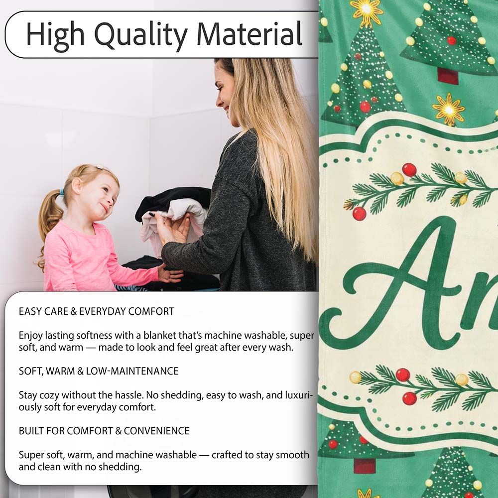 Festive Christmas Trees with Golden Star Toppers and Snow Dots Personalised Custom Name Super Soft Fleece Blanket Bed Sofa Throw