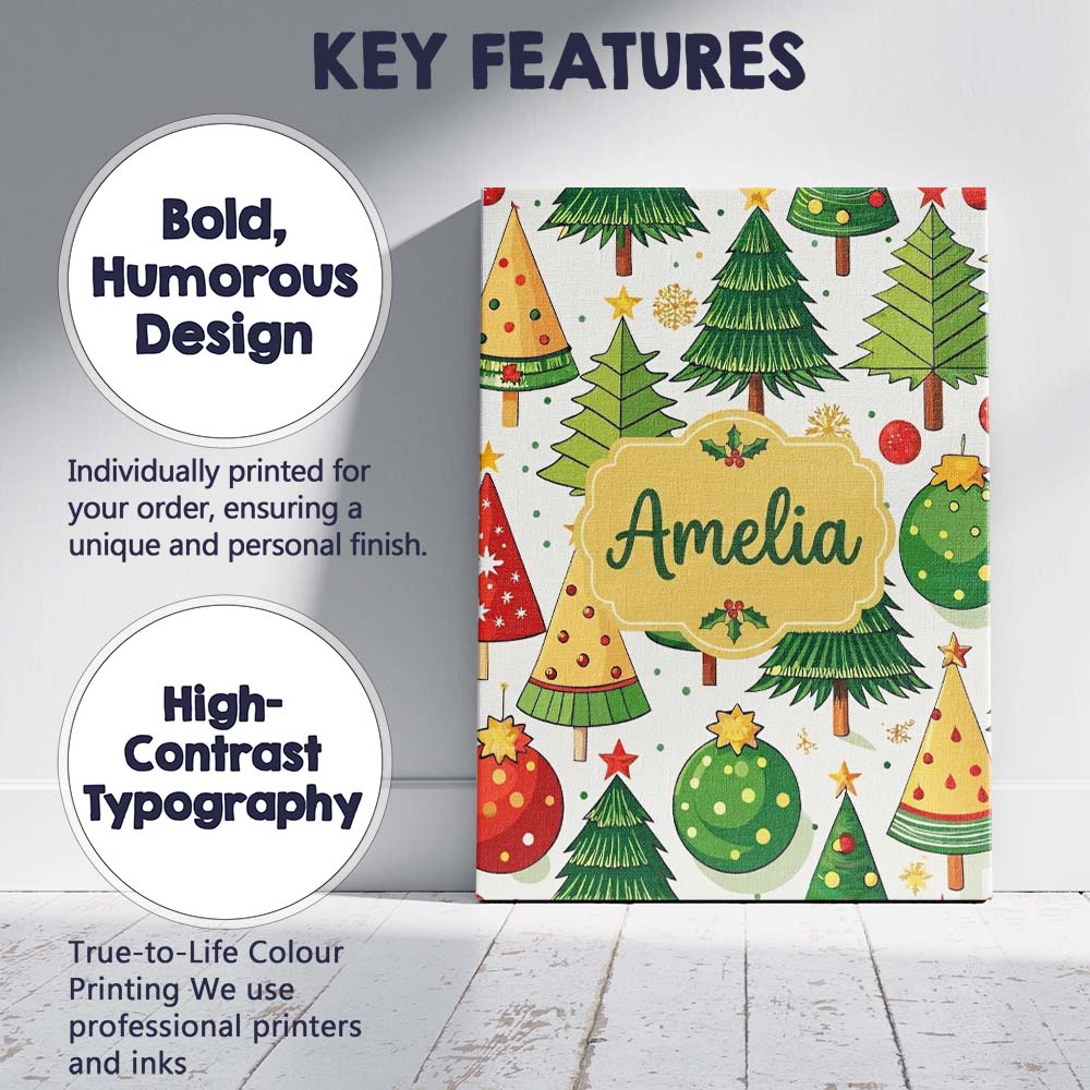 Personalised Name Whimsical Christmas Trees Custom Bespoke Interior Contemporary Canvas Wall Art Print Decor Picture Ready to Hang