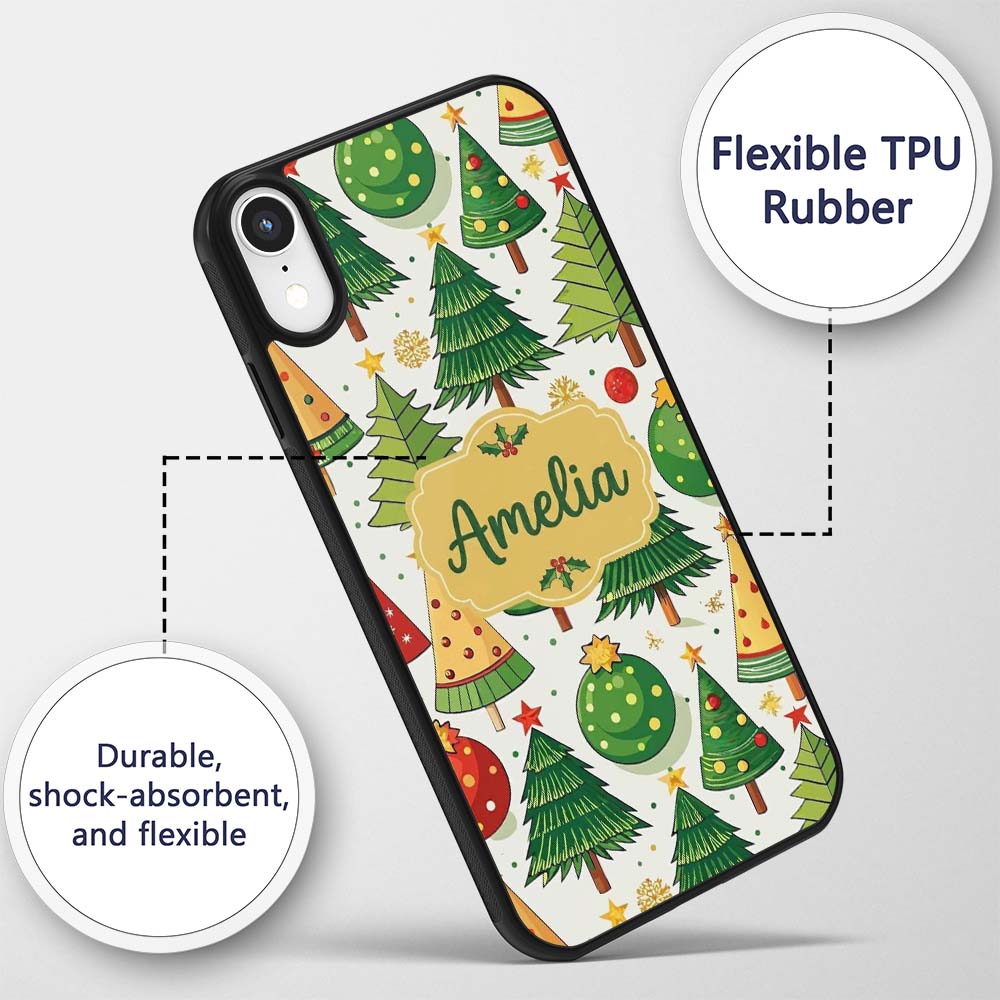 Whimsical Christmas Trees with Baubles Ornaments Custom Name Protective Phone Case Mobile Cover Durable Everyday Smartphone Shock Resistant