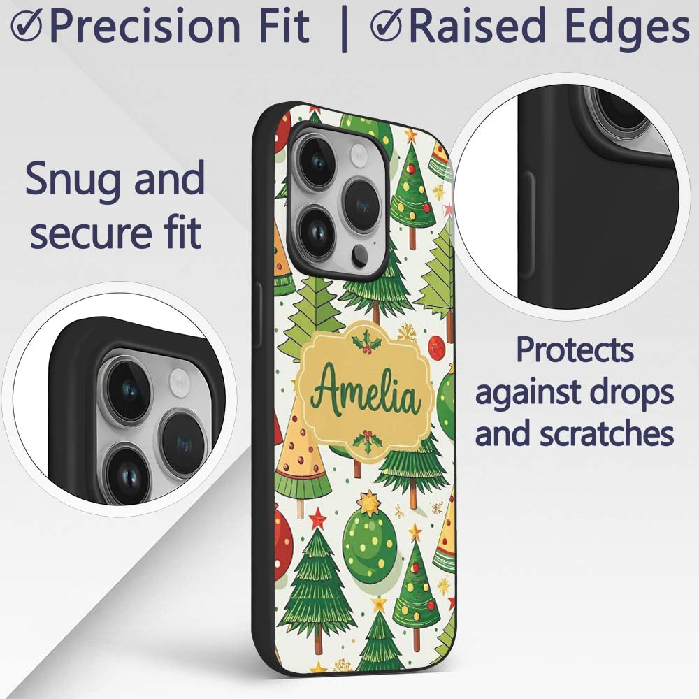 Whimsical Christmas Trees with Baubles Ornaments Custom Name Protective Phone Case Mobile Cover Durable Everyday Smartphone Shock Resistant