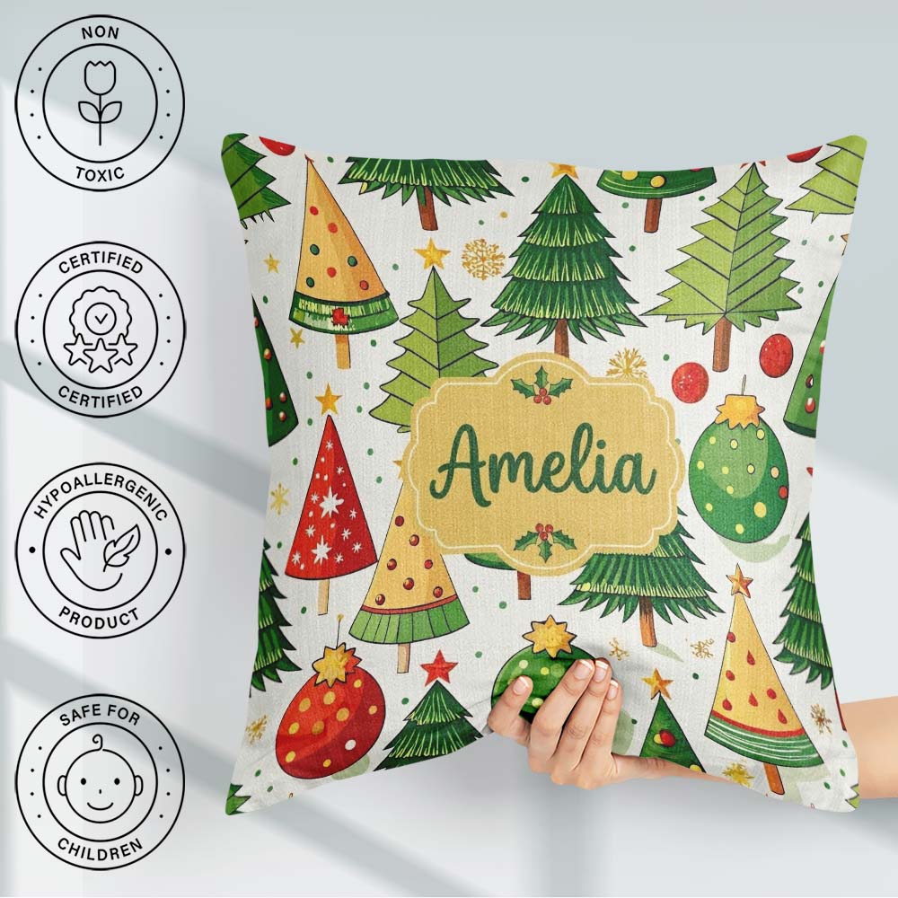 Custom Name Whimsical Christmas Trees with Baubles Ornaments and Square Filled Cushion Throw Pillow Sofa Bed Home Decor Zip Washable UK Made