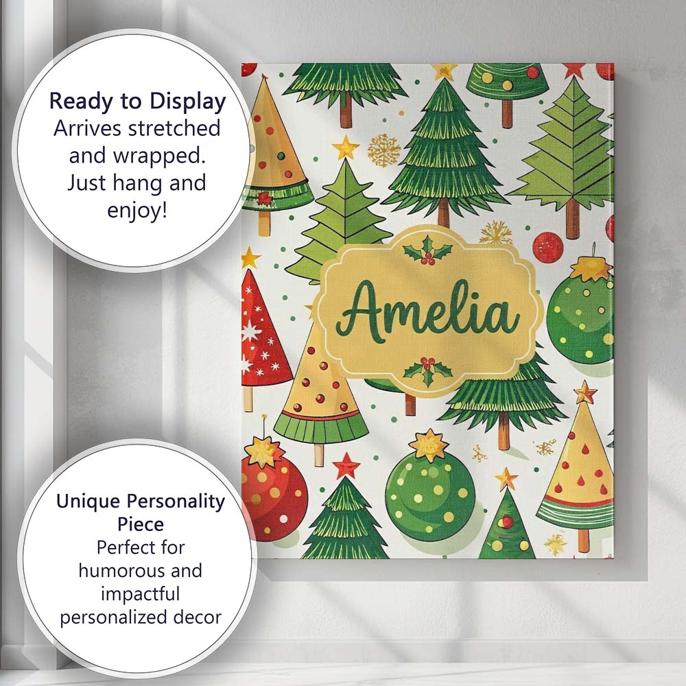 Personalised Name Whimsical Christmas Trees Custom Bespoke Interior Contemporary Canvas Wall Art Print Decor Picture Ready to Hang