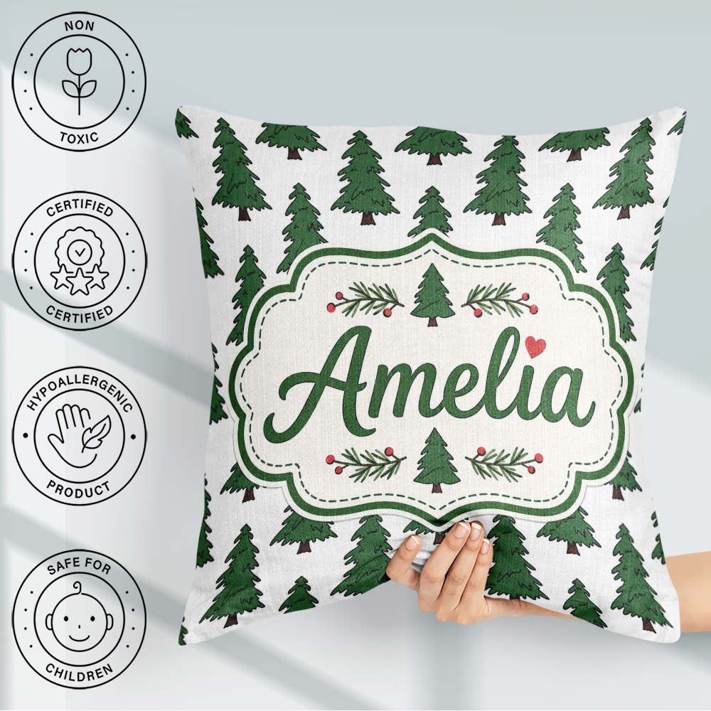Custom Name Minimal Hand Drawn Christmas Trees on White Seamless Square Filled Cushion Throw Pillow Sofa Bed Home Decor Zip Washable UK Made