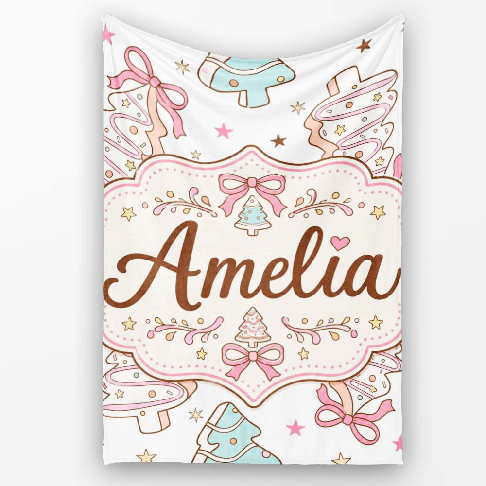 Cute Gingerbread Style Christmas Tree Cookies with Bows Seamless Personalised Custom Name Super Soft Fleece Blanket Bed Sofa Throw