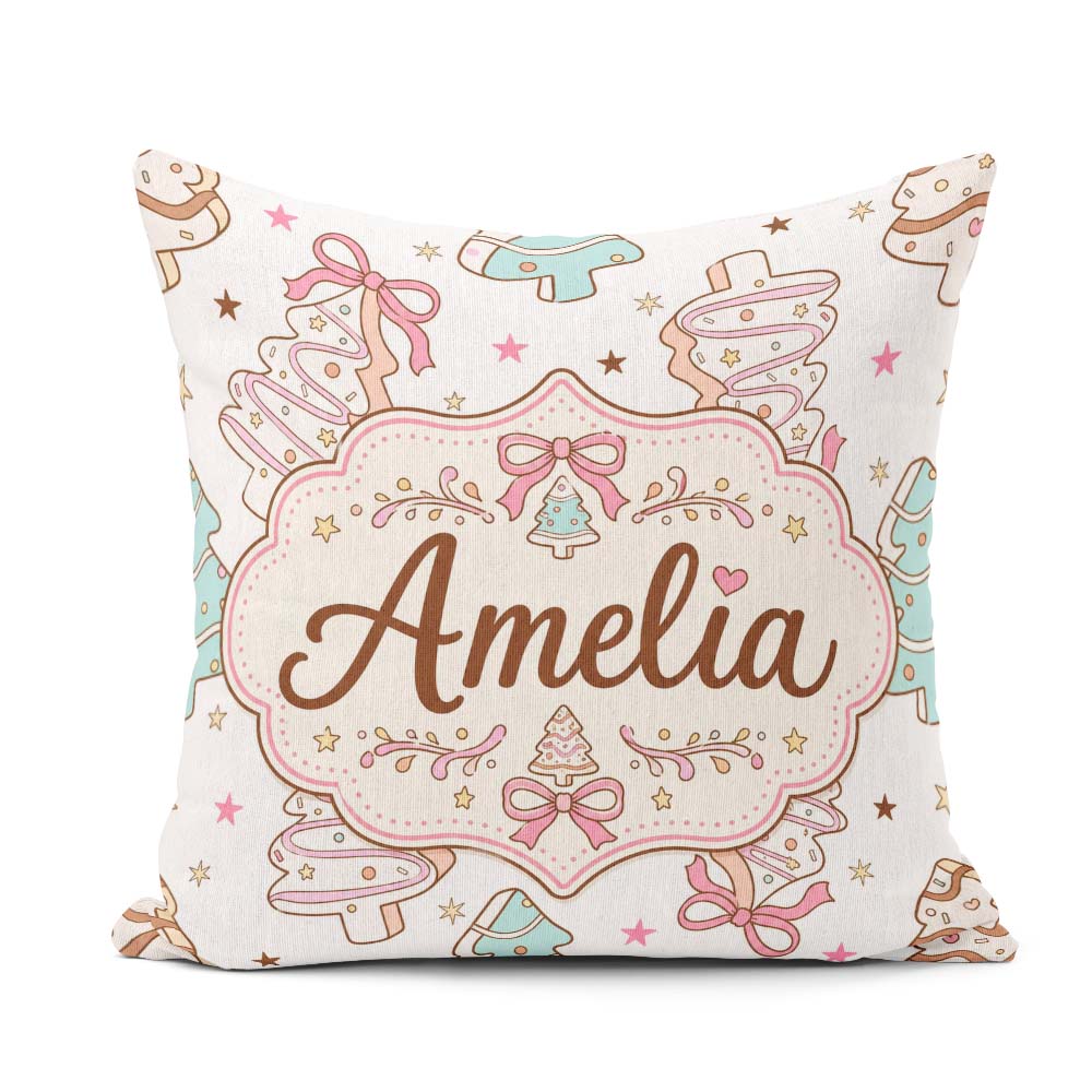 Custom Name Cute Style Christmas Tree Cookies with Bows Seamless Square Filled Cushion Throw Pillow Sofa Bed Home Decor Zip Washable UK Made