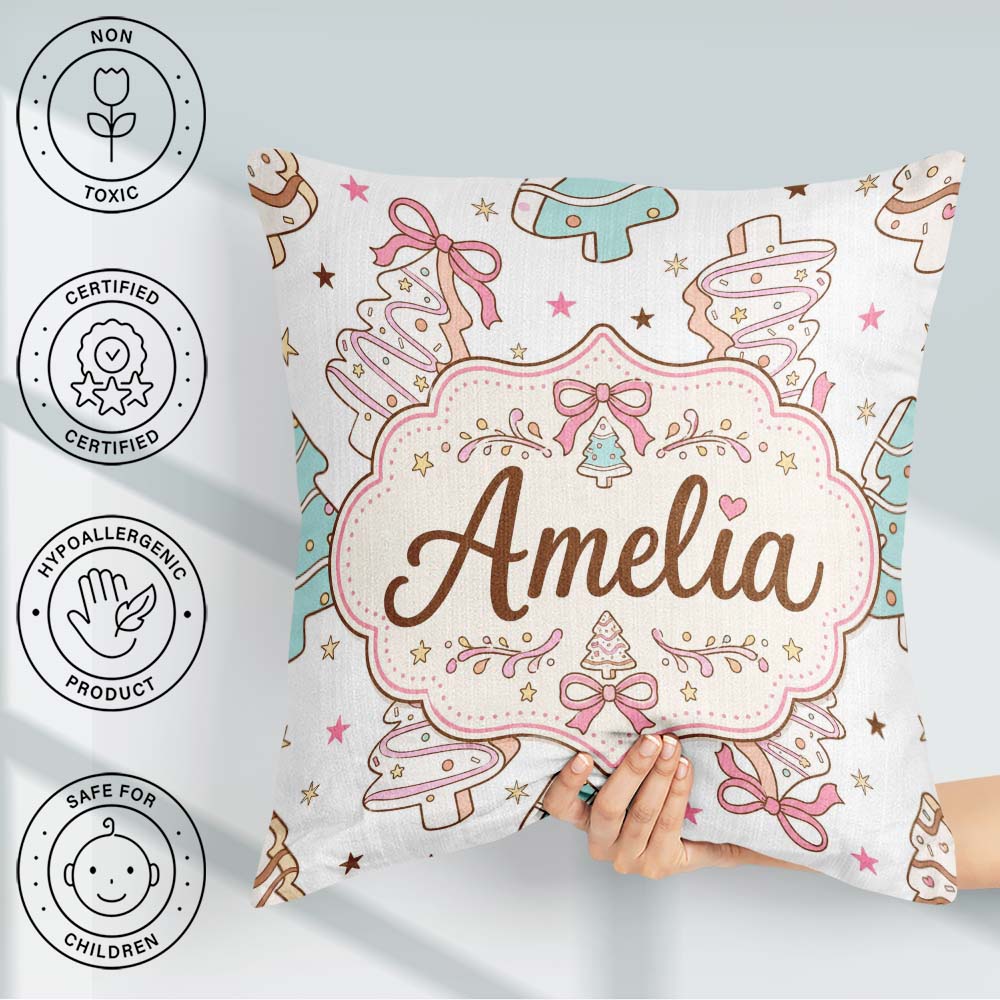 Custom Name Cute Style Christmas Tree Cookies with Bows Seamless Square Filled Cushion Throw Pillow Sofa Bed Home Decor Zip Washable UK Made