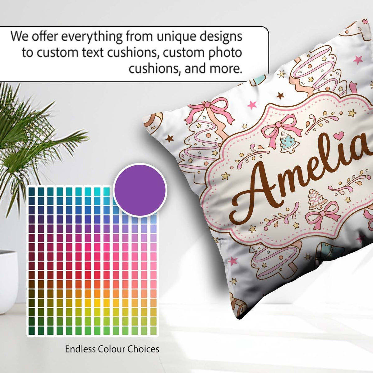 Custom Name Cute Style Christmas Tree Cookies with Bows Seamless Square Filled Cushion Throw Pillow Sofa Bed Home Decor Zip Washable UK Made